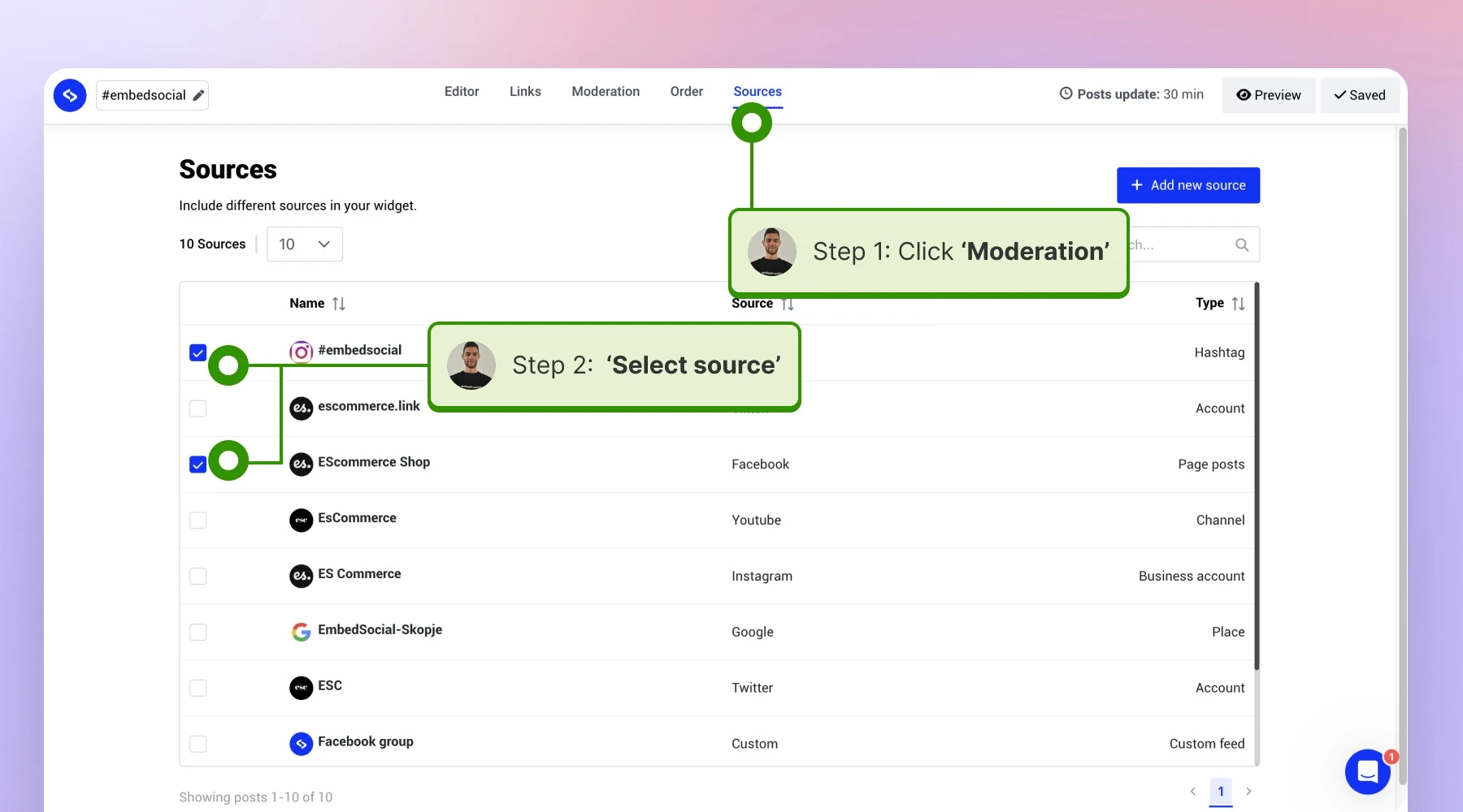 The Sources tab with several sources selected for one widget