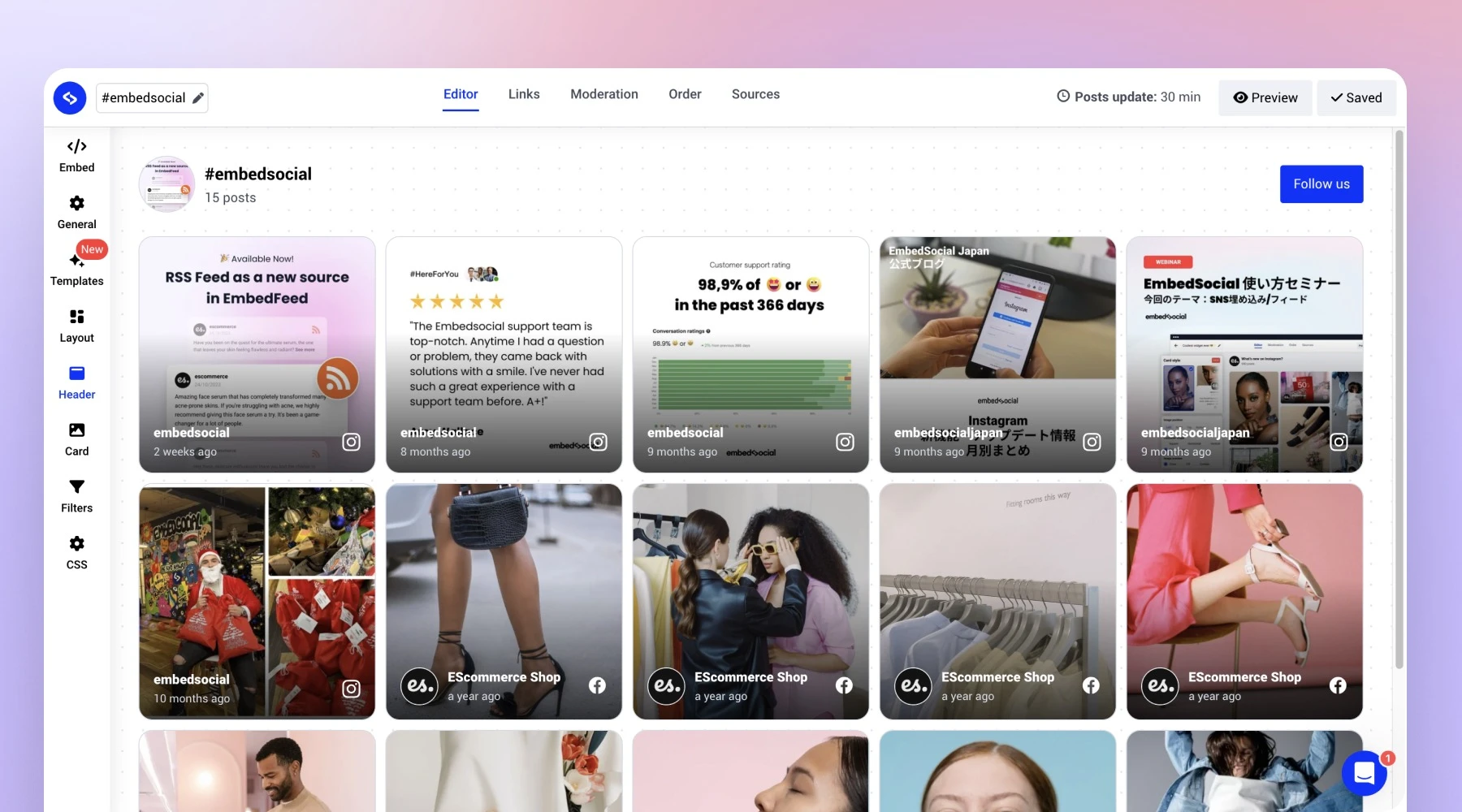 A widget showing Instagram and Facebook posts together