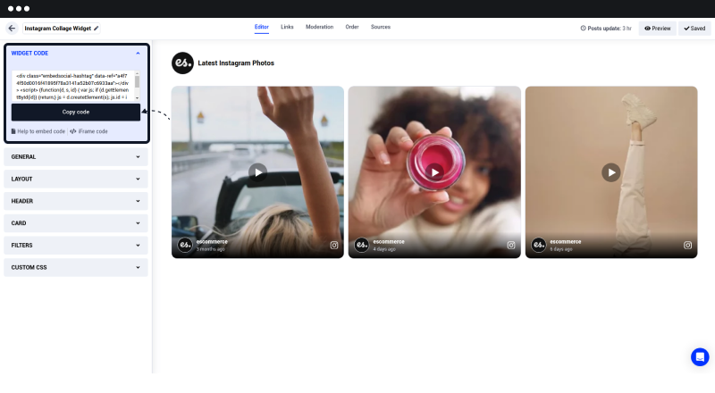 EmbedSocialのウィジェットからコードを取得している画面