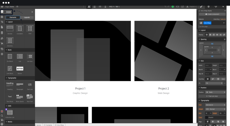 Webflowで追加の+ボタンをクリックしてElementsを選択している画面