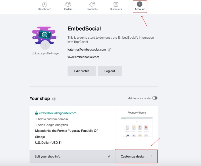 BigCartelのAccountメニューからCustomize Designをクリックしている画面