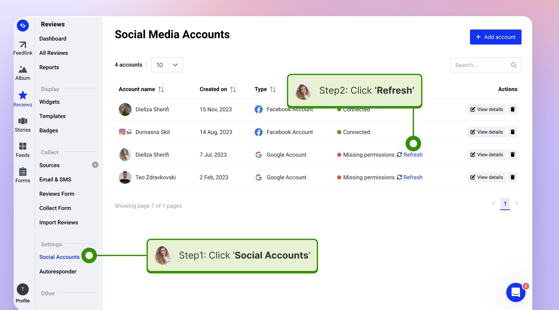 Social accountsを開いて権限を再取得する画面