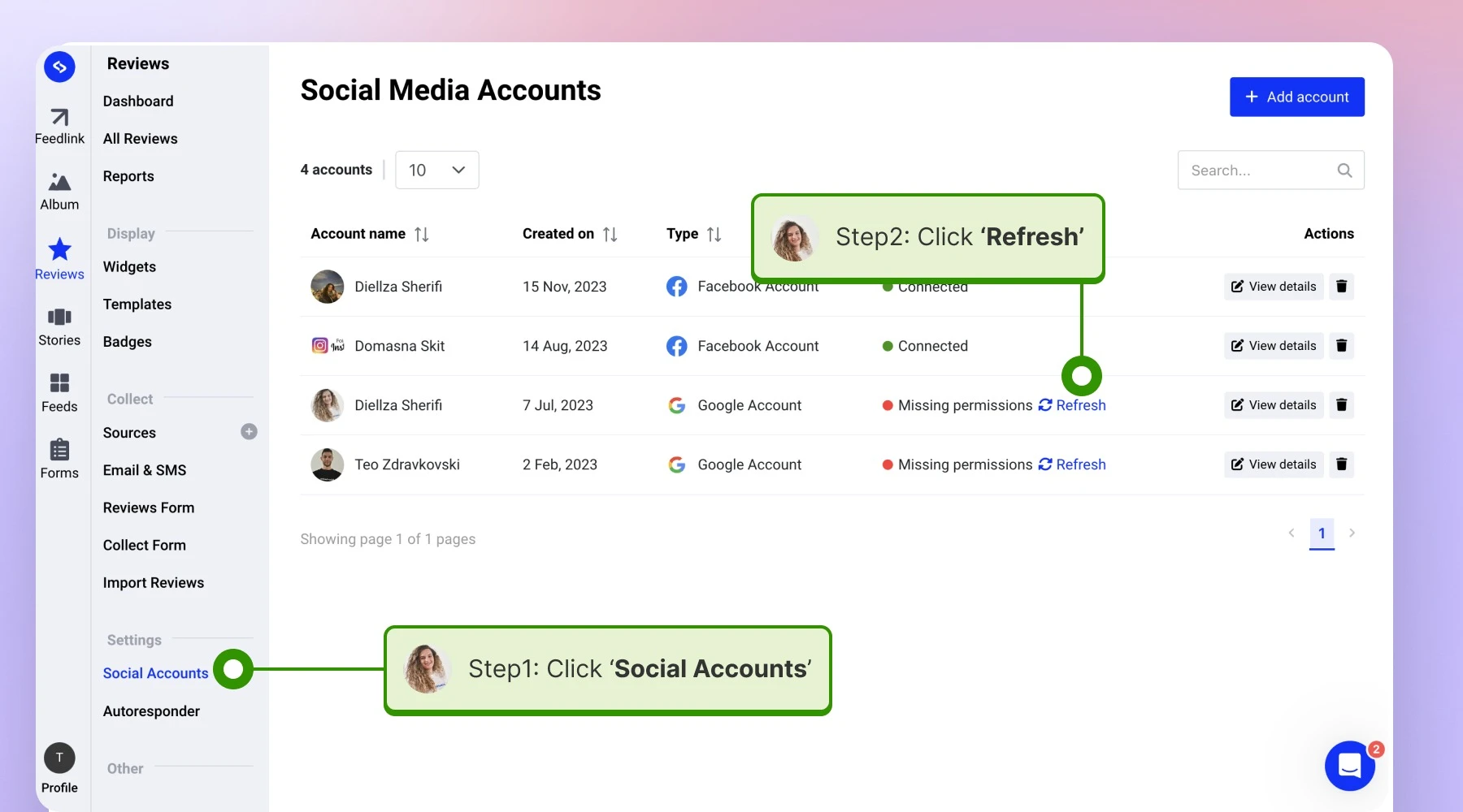 Navigating to the social accounts and refreshing the permissions 