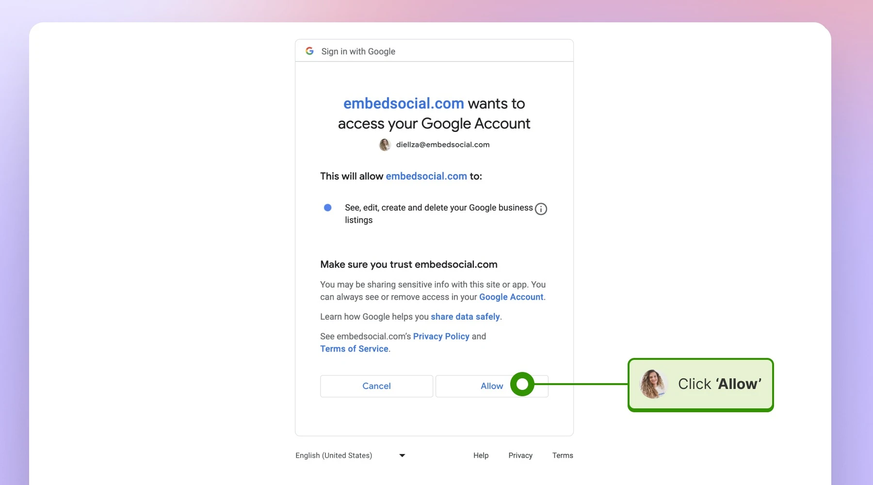 Clicking allow to give the correct permissions