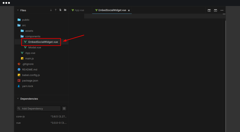 Options API用の新しいVueコンポーネントをcomponentsディレクトリに作成している画面