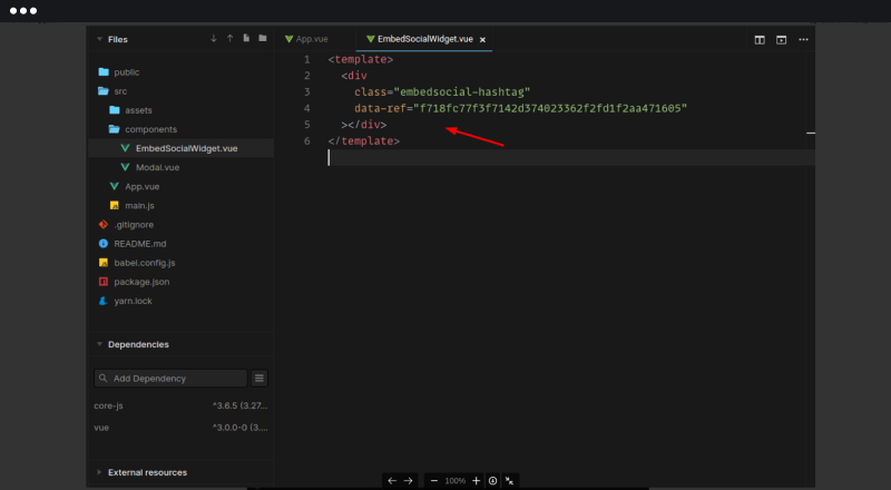 Options APIのVueコンポーネントのtemplateタグにウィジェットのHTMLを貼り付けている画面