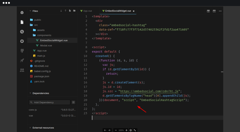 Vueのcreatedライフサイクルフックにウィジェットのjavascriptを貼り付けている画面