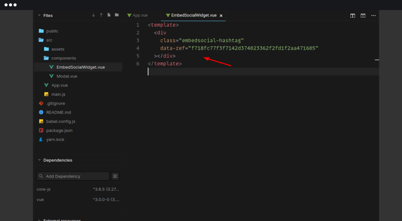 Composition APIのコンポーネントのtemplateタグにウィジェットのHTMLを貼り付けている画面