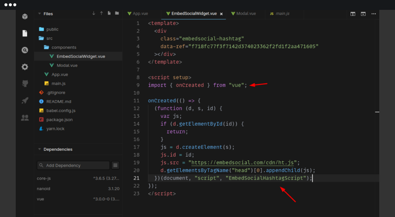 Vueのon Mounted関数にウィジェットのjavascriptを貼り付けている画面