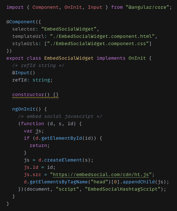 refIdのinputとngOnInitを追加したEmbedSocialWidget.component.tsのファイル