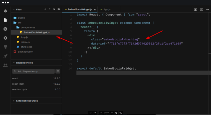 新しいReactコンポーネントのrender関数にウィジェットのHTMLを貼り付けている画面