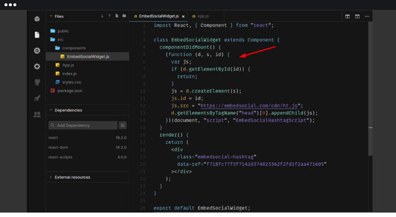 ReactのcomponentDidMountメソッドにウィジェットのJavaScriptを貼り付けている画面