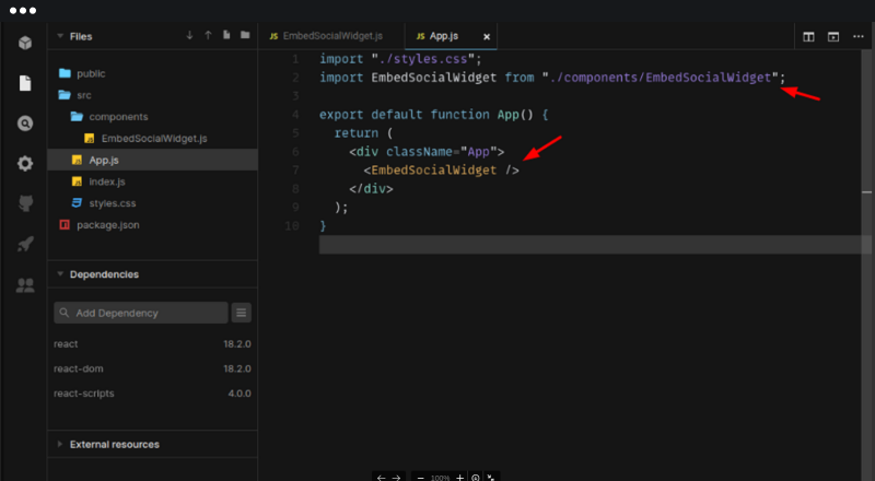 ReactアプリのApp.jsに新しいウィジェットコンポーネントをimportしている画面