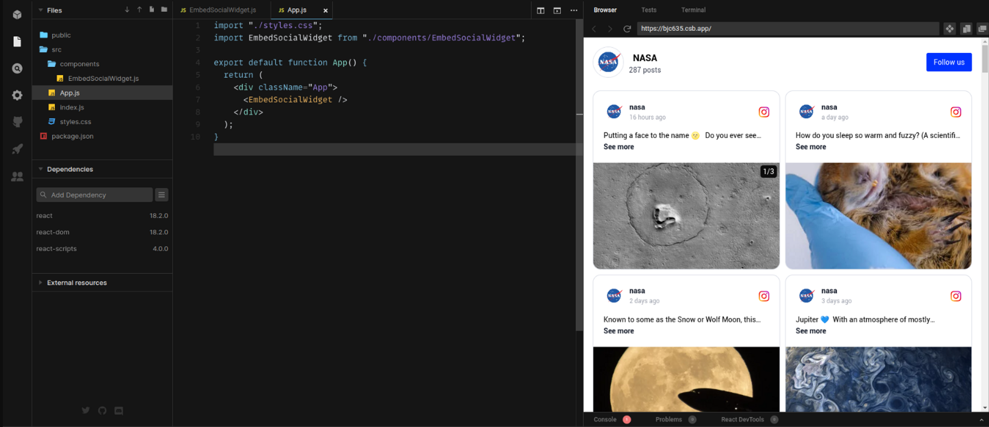 Reactアプリのページに表示されたEmbedSocialのウィジェット