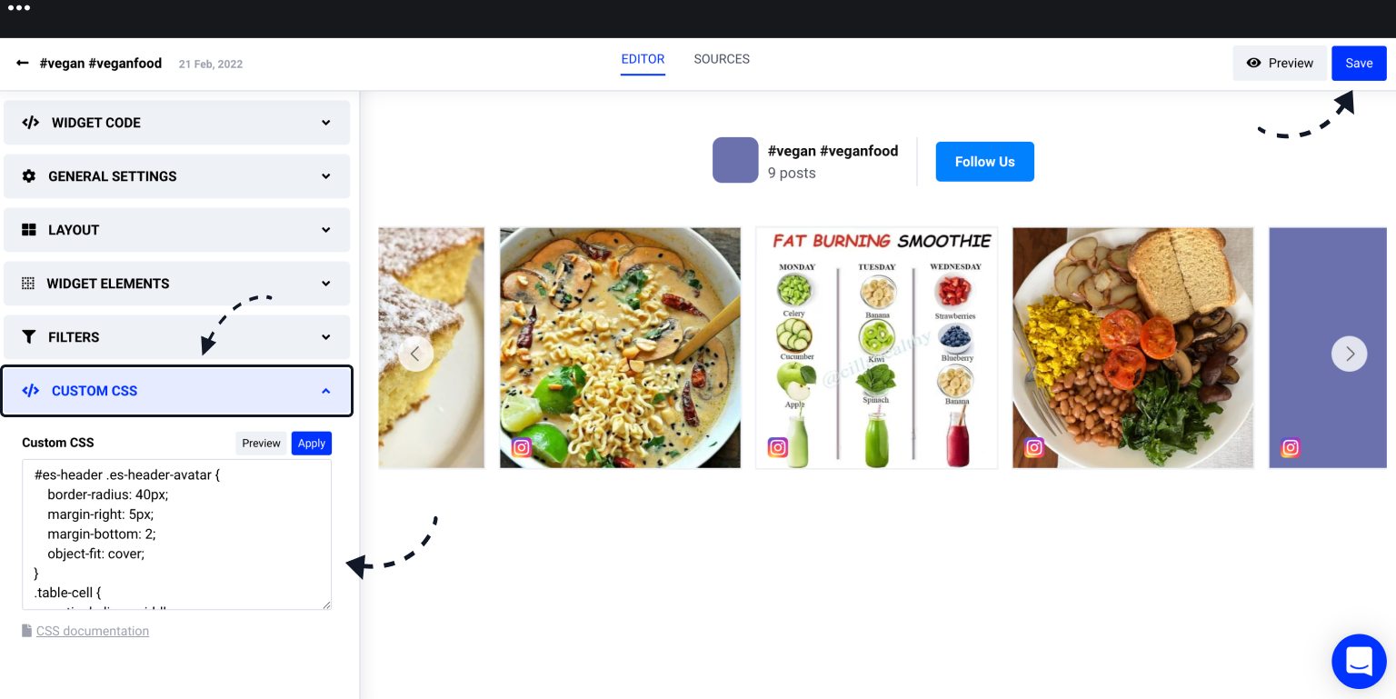 Custom CSSのドロップダウンメニューにCSSを追加してPreviewをクリックしている画面