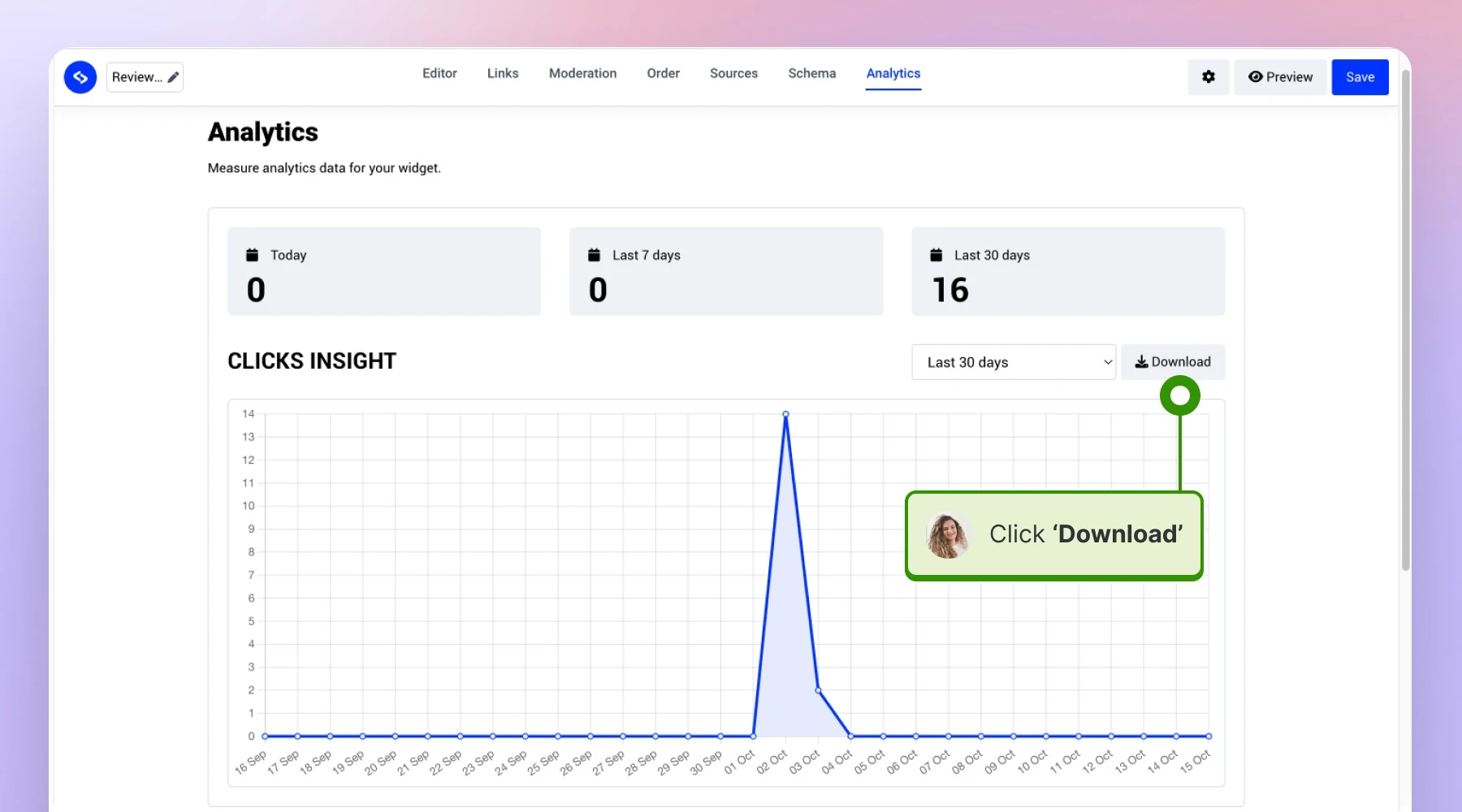 Downloading report with clicks overview per widget