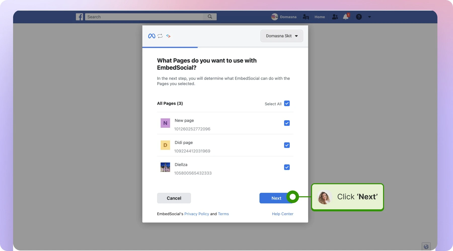 Facebook asking which Pages to use with EmbedSocial, with all three Pages selected