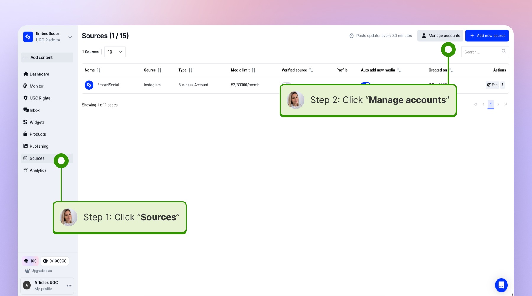 Sourcesページで Manage accounts をクリックする画面