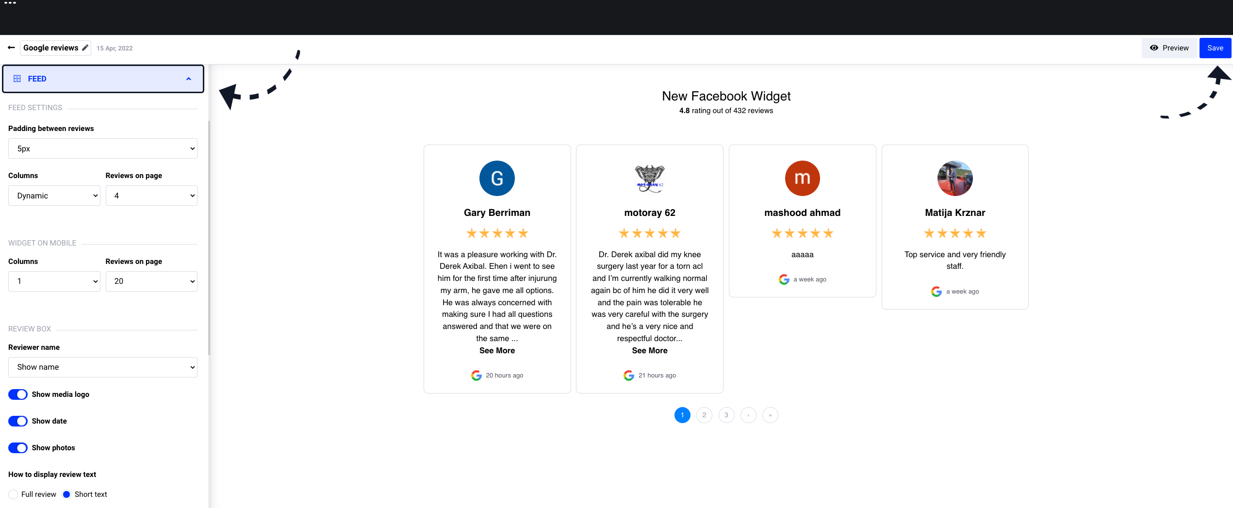 メディアのロゴ、日付、色などのオプションが並んだFeedのドロップダウンメニュー