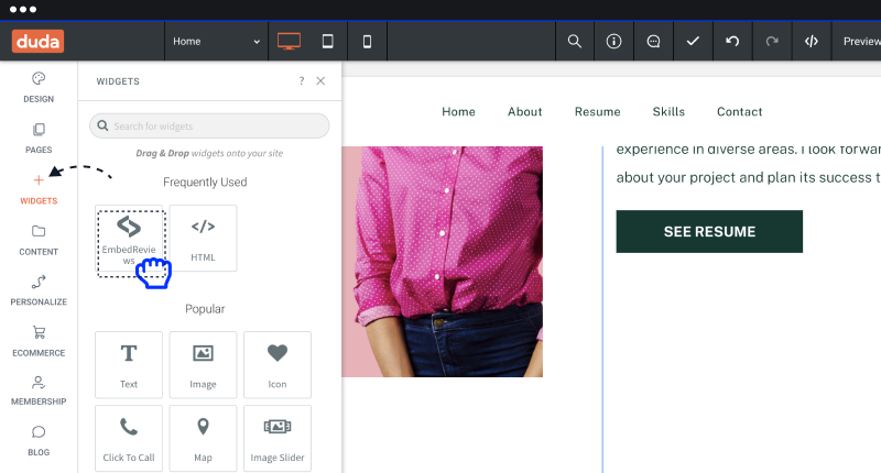 WidgetsのドロワーからEmbedSocialのウィジェットをページのセクションにドラッグしている画面