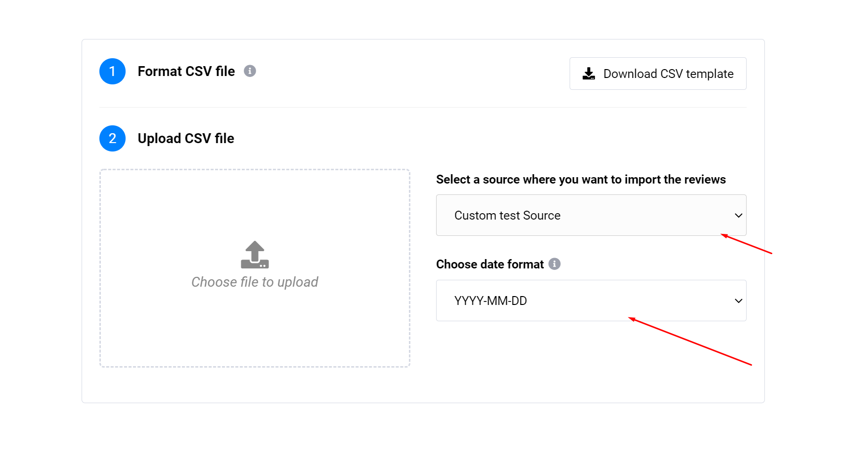 アップロードするファイルとCSVで使用している日付形式を選んでいる画面