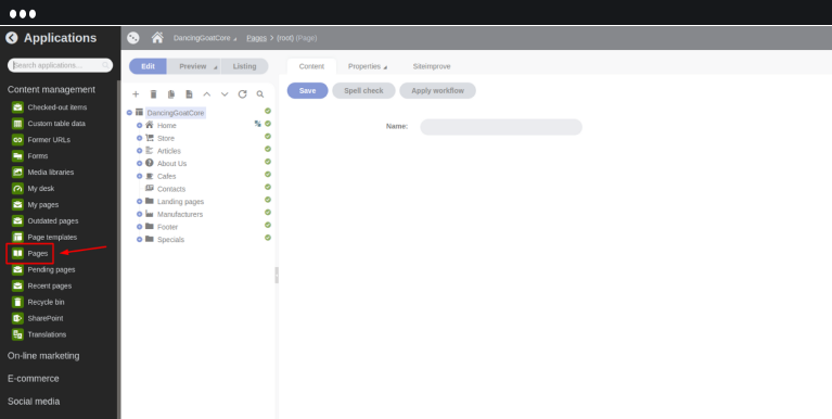 Kenticoのダッシュボードを開きPagesを選んでいる画面