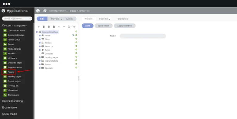 Opening the Kentico dashboard and selecting 'Pages'