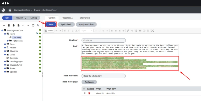 pasting the widget code and clicking save