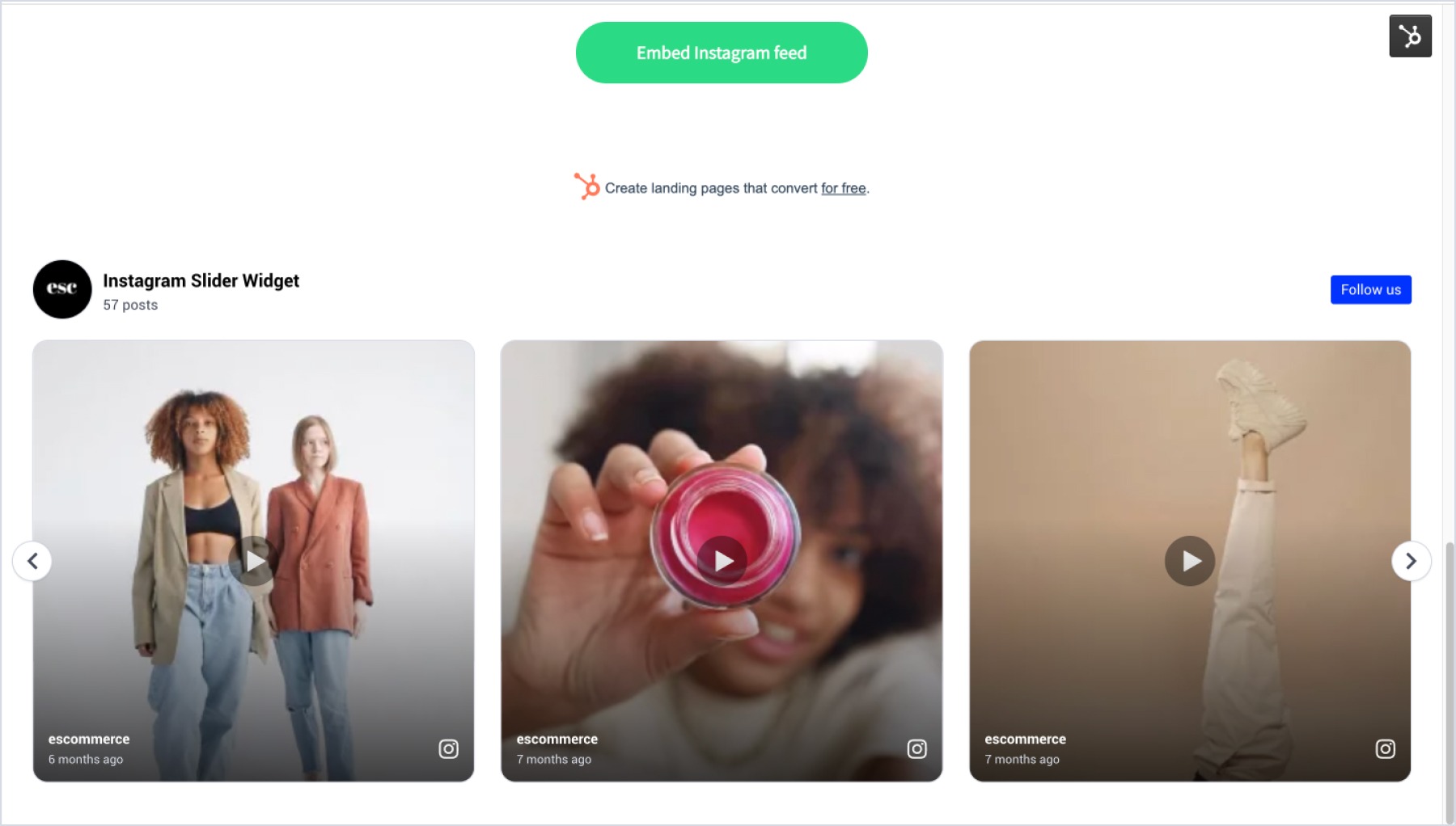 HubSpotのランディングページに埋め込まれたInstagramウィジェットの例