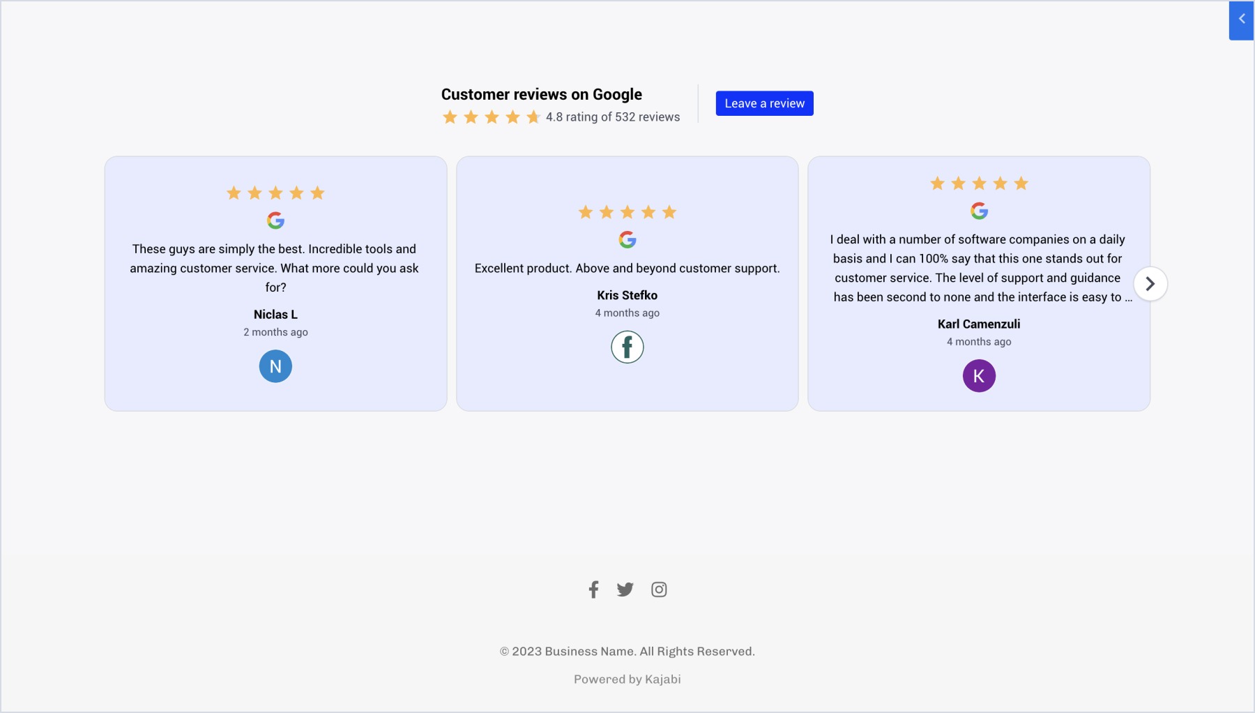 Kajabiに埋め込まれたGoogleレビューウィジェットの例