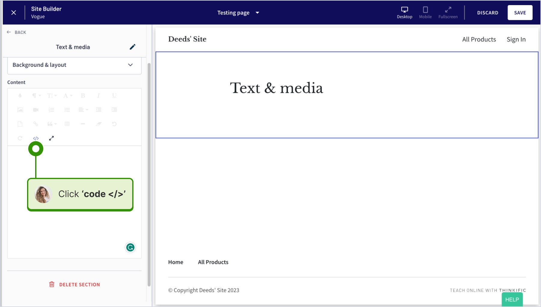 テキストエディターでcode表示をクリックしている画面
