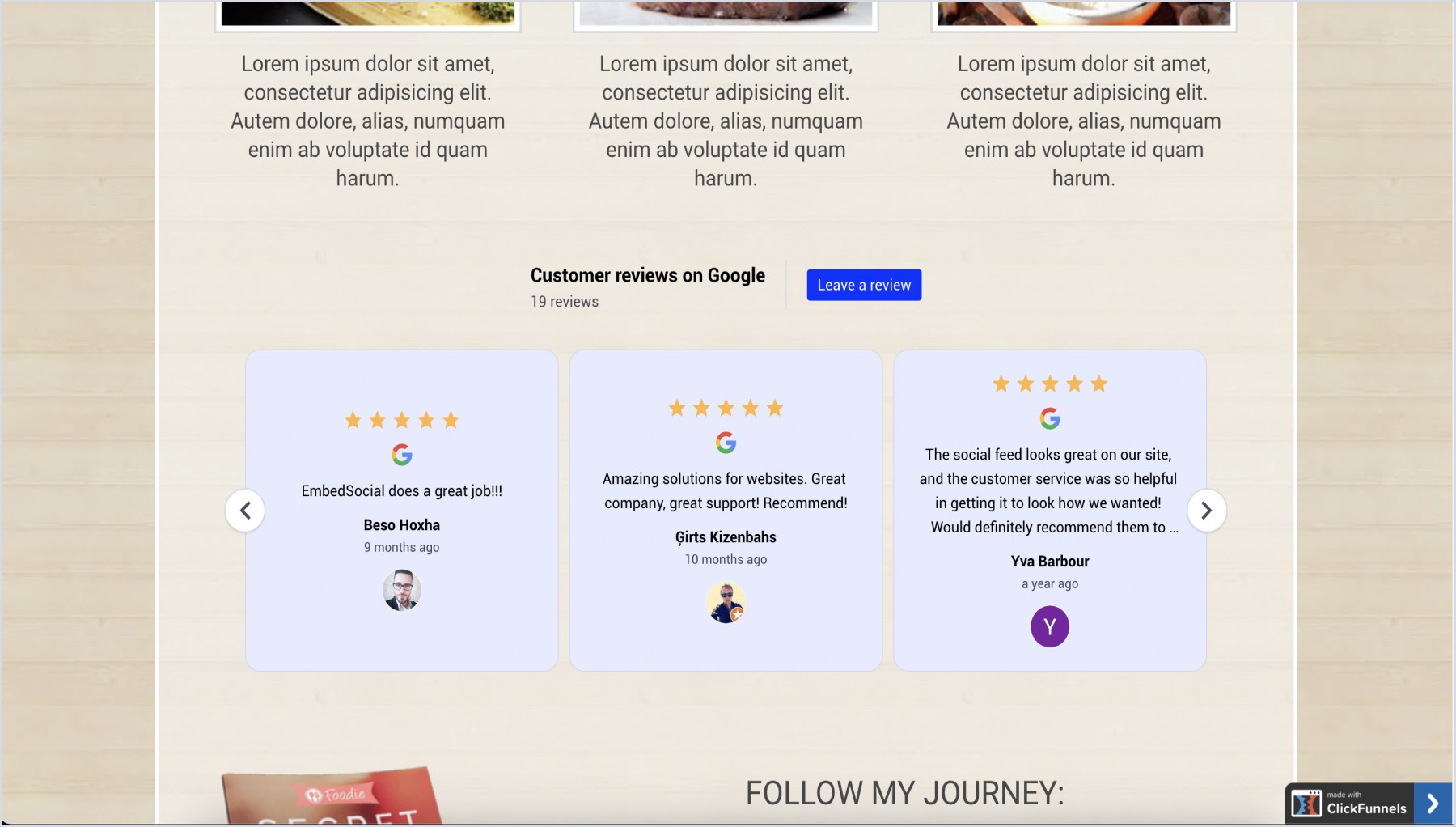 ClickFunnelsに埋め込まれたGoogleレビューウィジェットの例