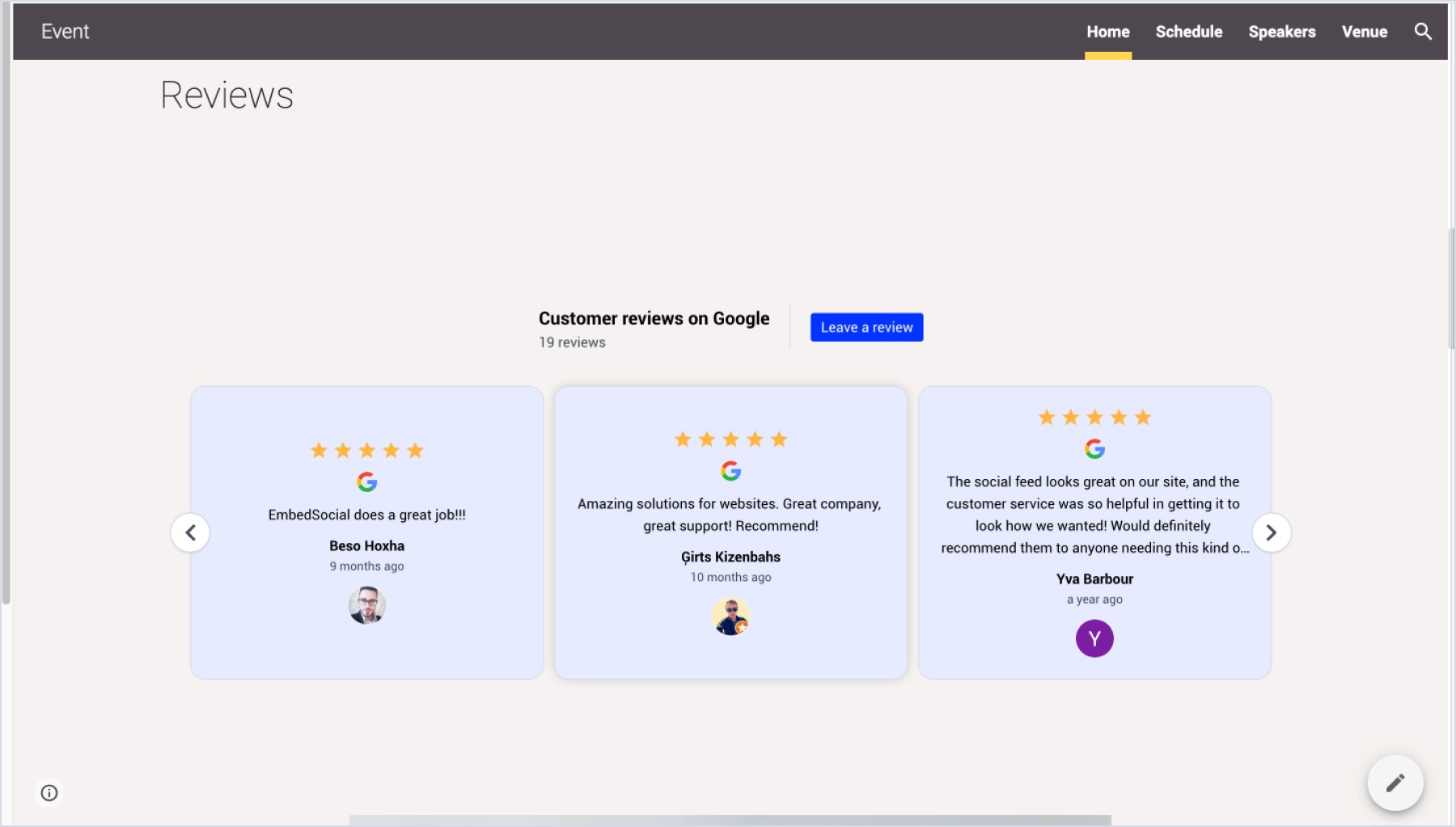 Google Sitesのページに埋め込まれたGoogleレビューウィジェット