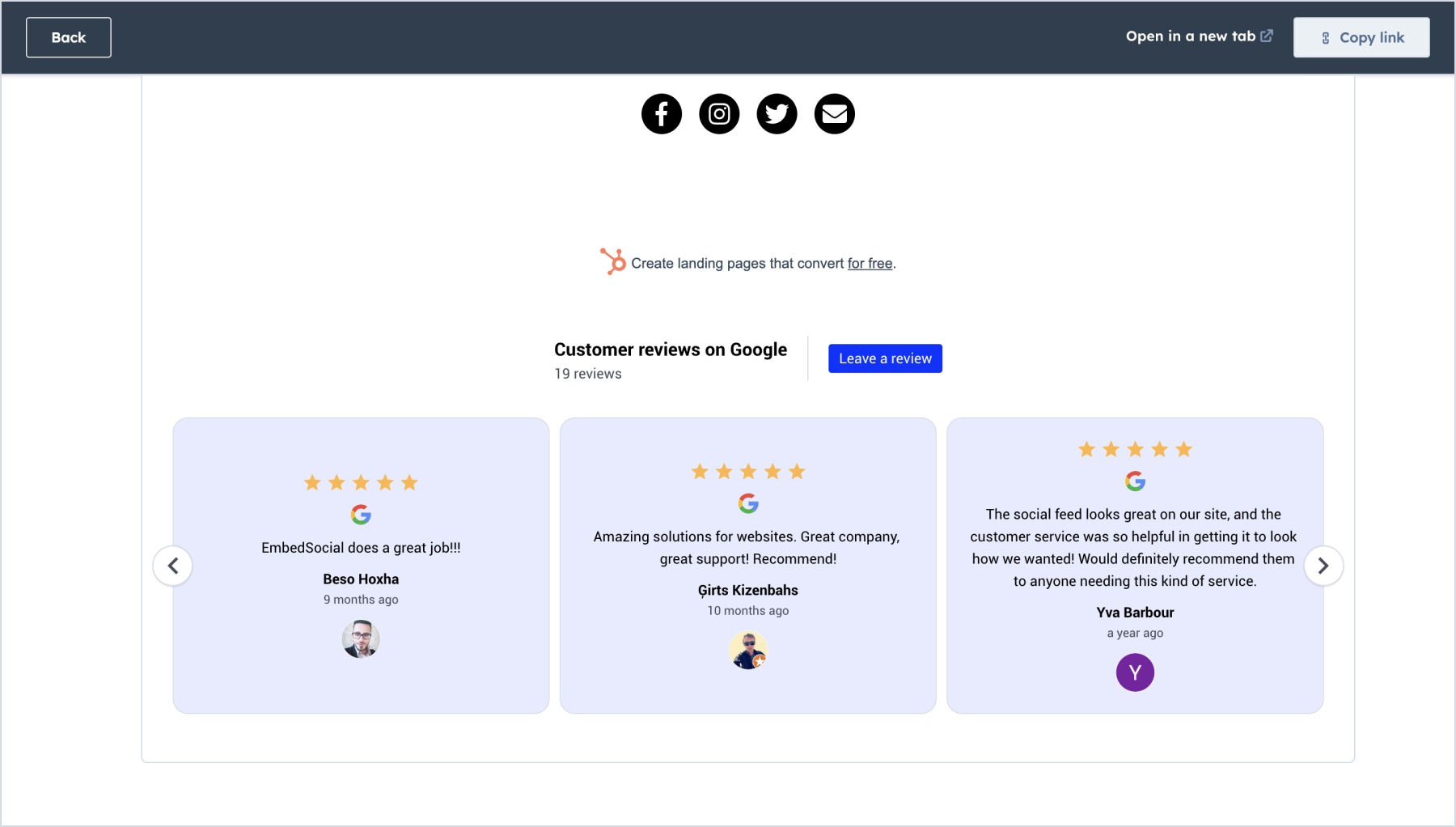 HubSpotのランディングページに埋め込まれたGoogleレビューウィジェットの例
