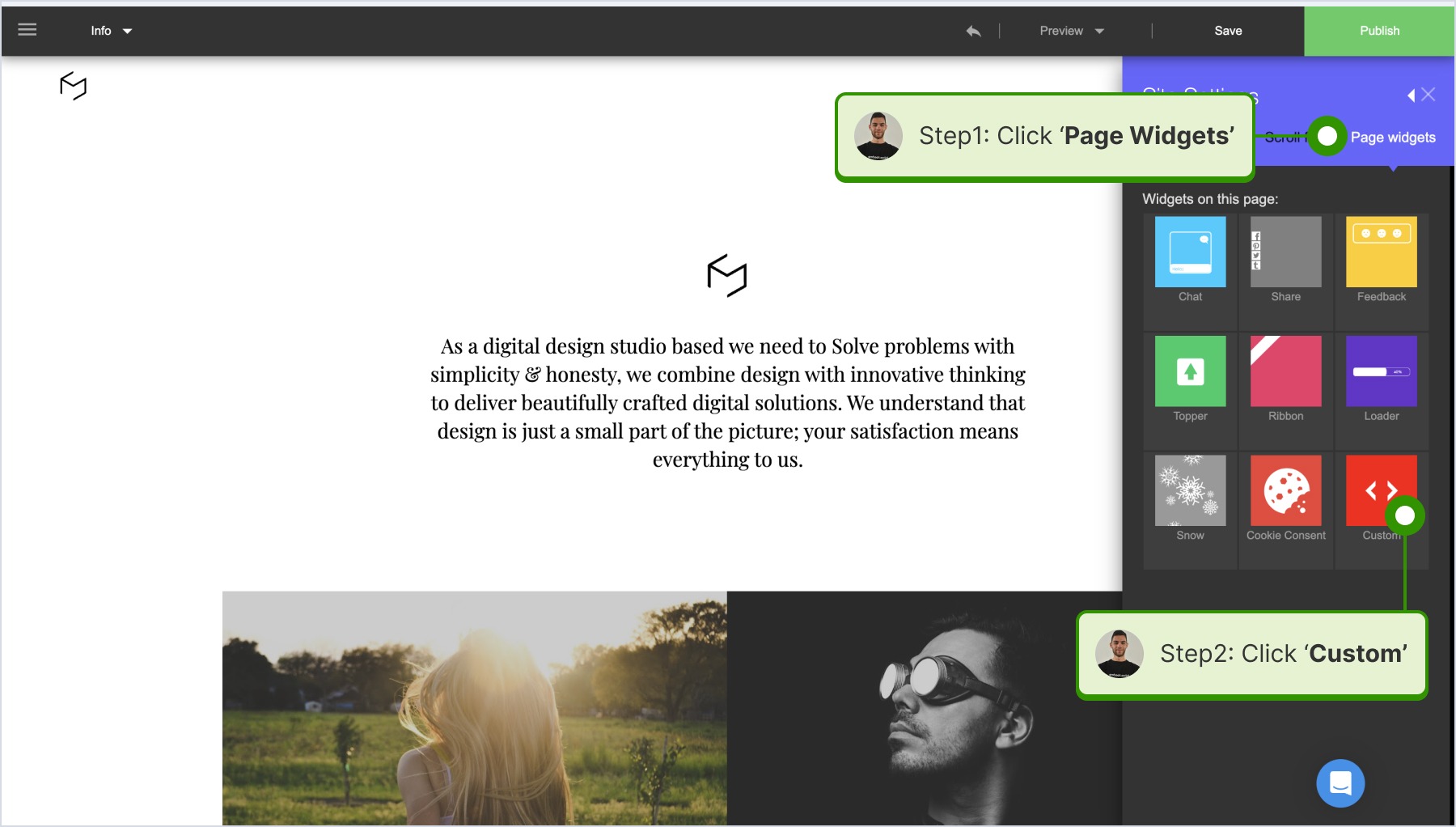 Page Widgetsのタブを開きCustomを選んでいる画面
