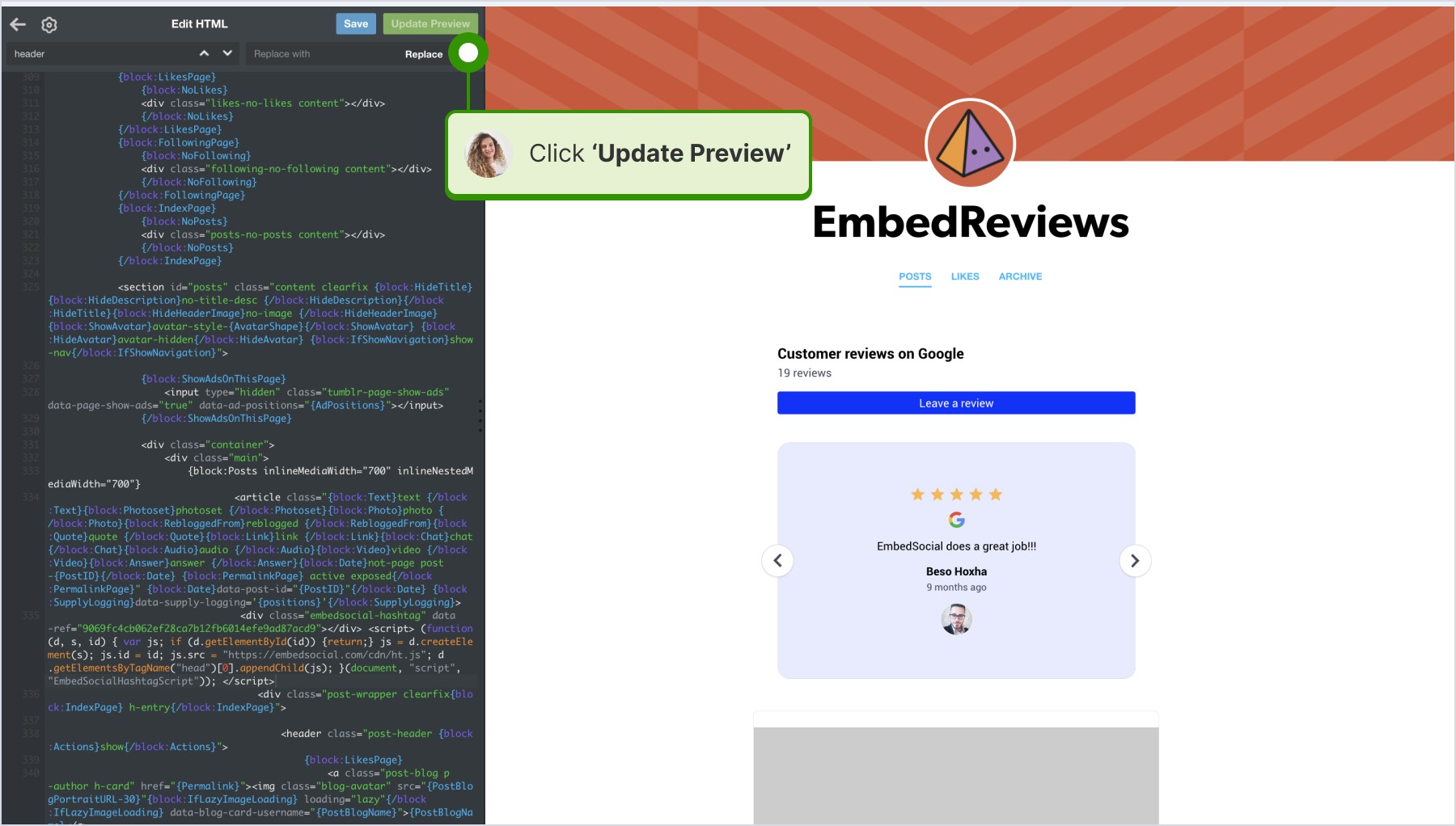Update previewをクリックしている画面