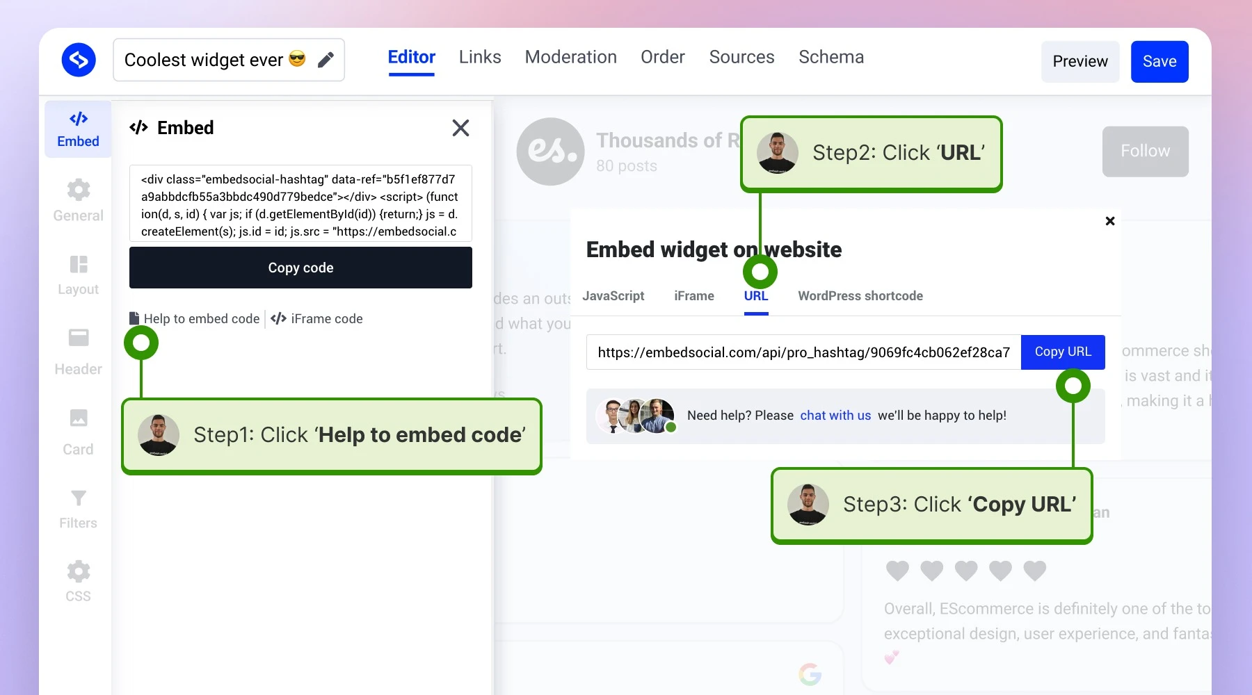 Copying the widget URL
