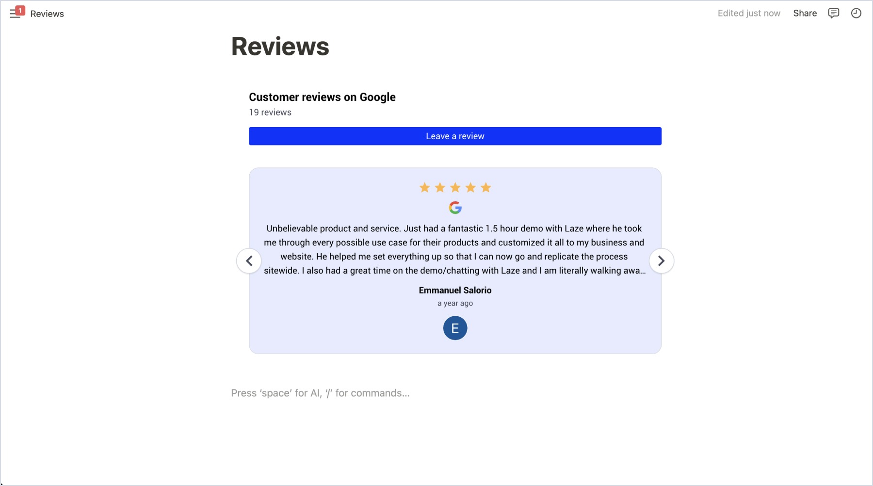 NotionでのGoogleレビューの表示例
