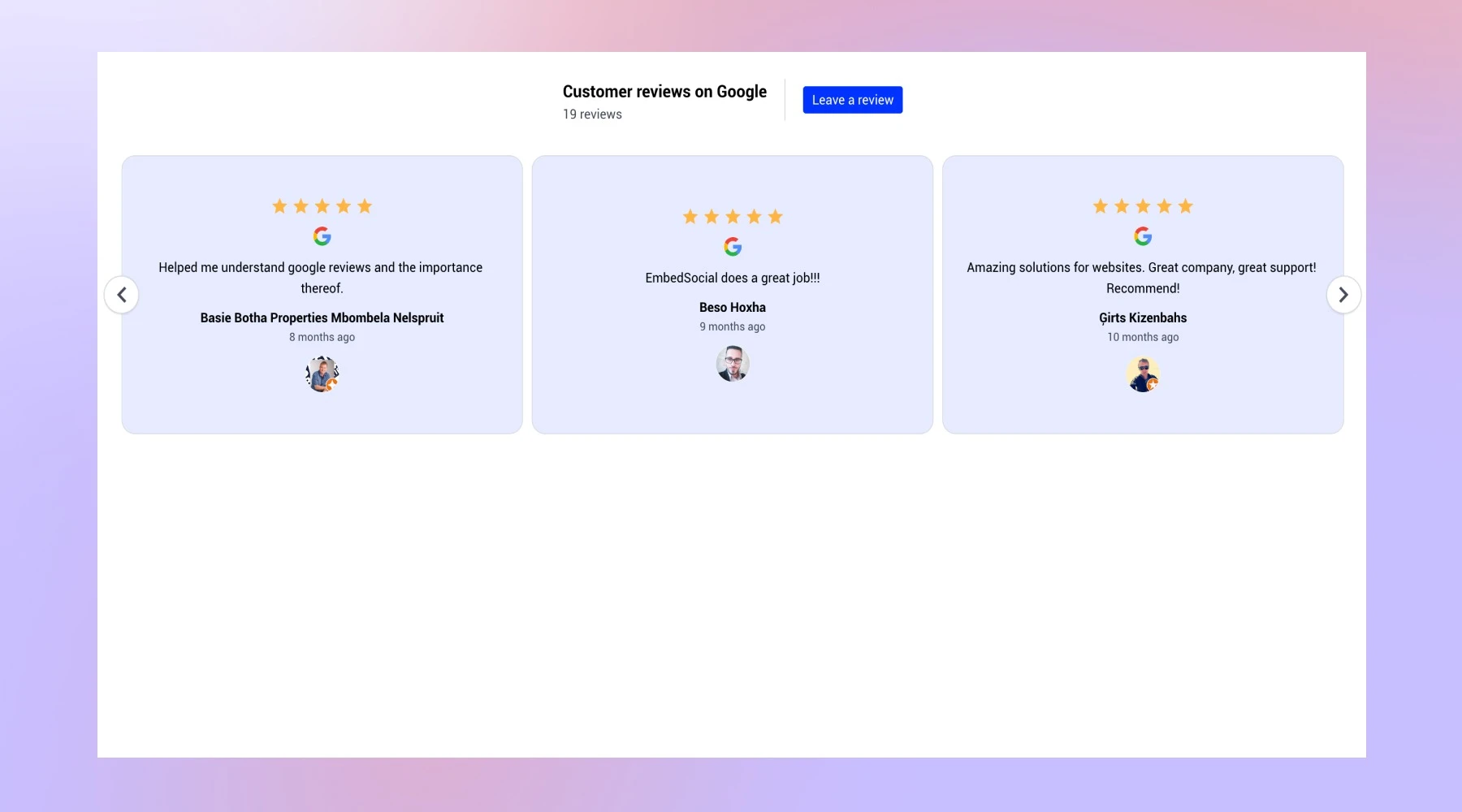 Example of reviews widget in Linktree