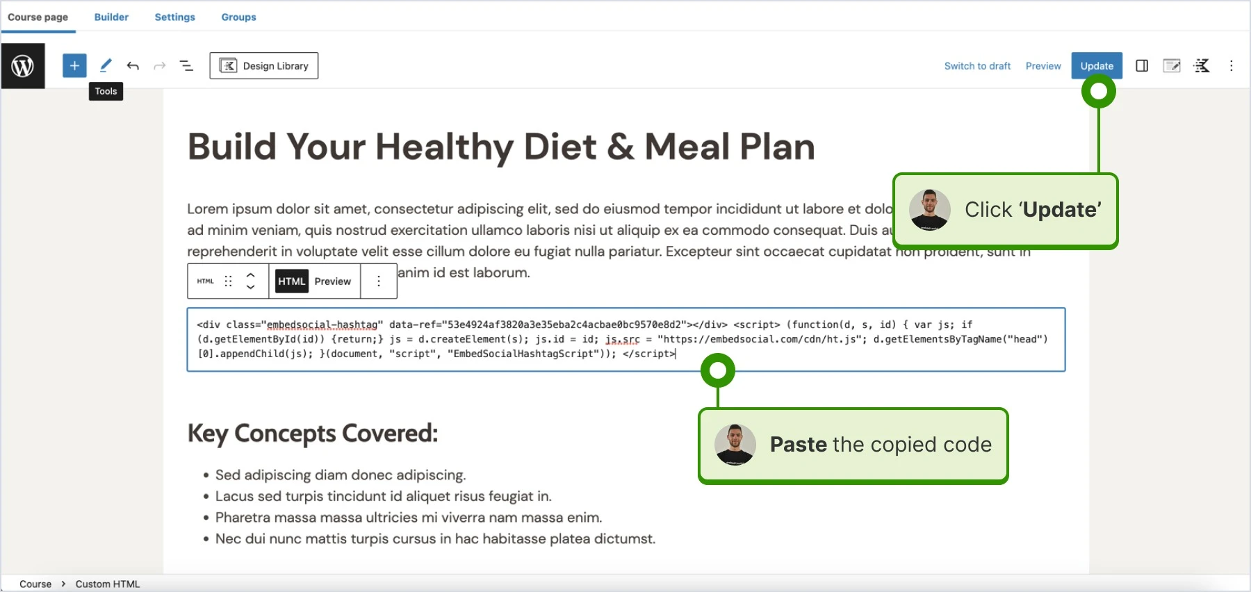 paste the code and click update