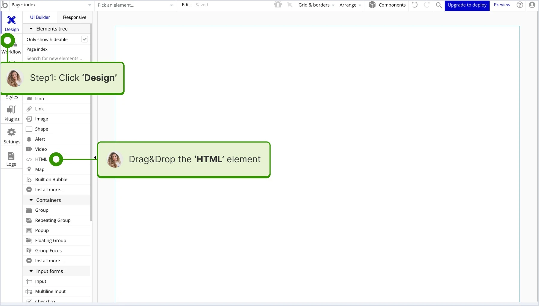 clicking on design and drag &amp;amp; drop the html element on the blank page
