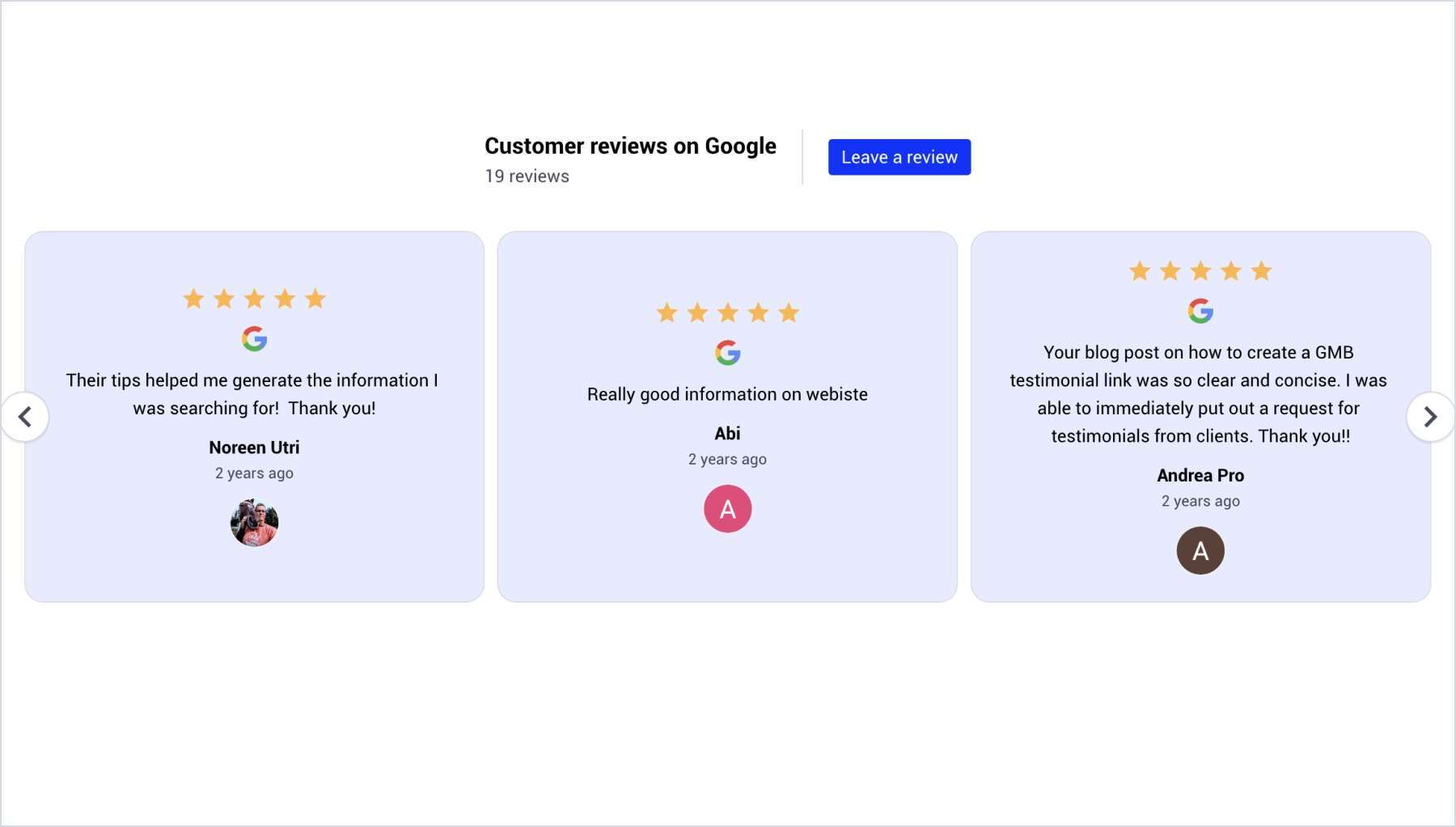 Brizyに埋め込まれたGoogleレビューウィジェットの例