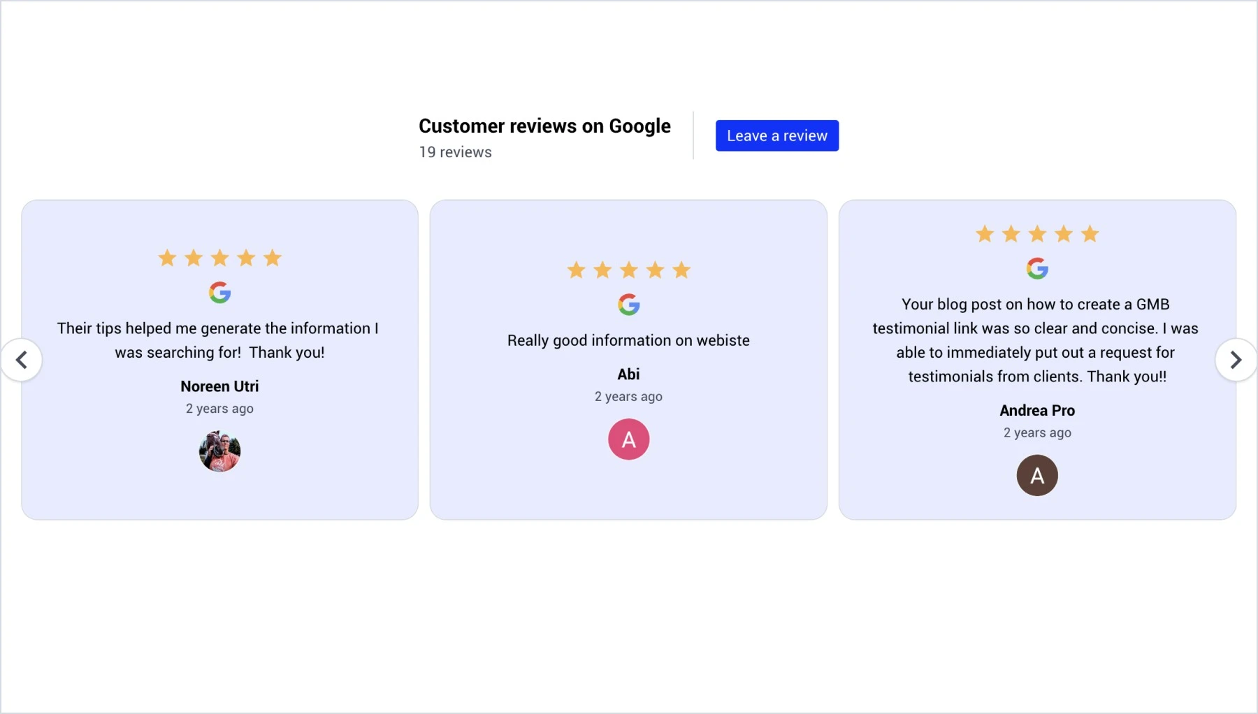 Example of Google reviews widget embedded in Brizy