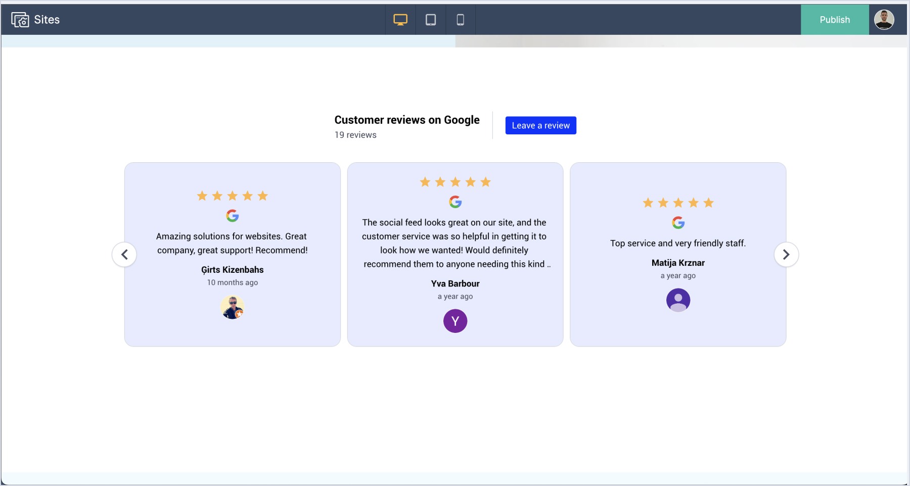 ZohoのWebサイトに埋め込まれたGoogleレビューウィジェット
