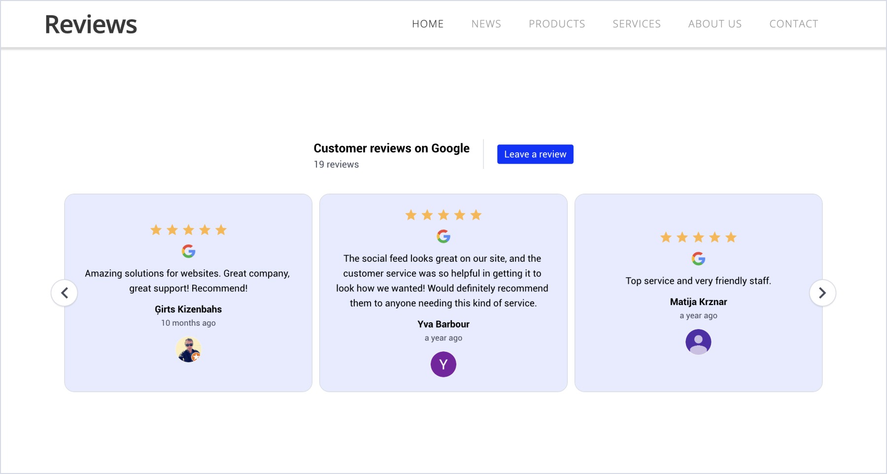 Mozelloに埋め込まれたGoogleレビューウィジェットの例