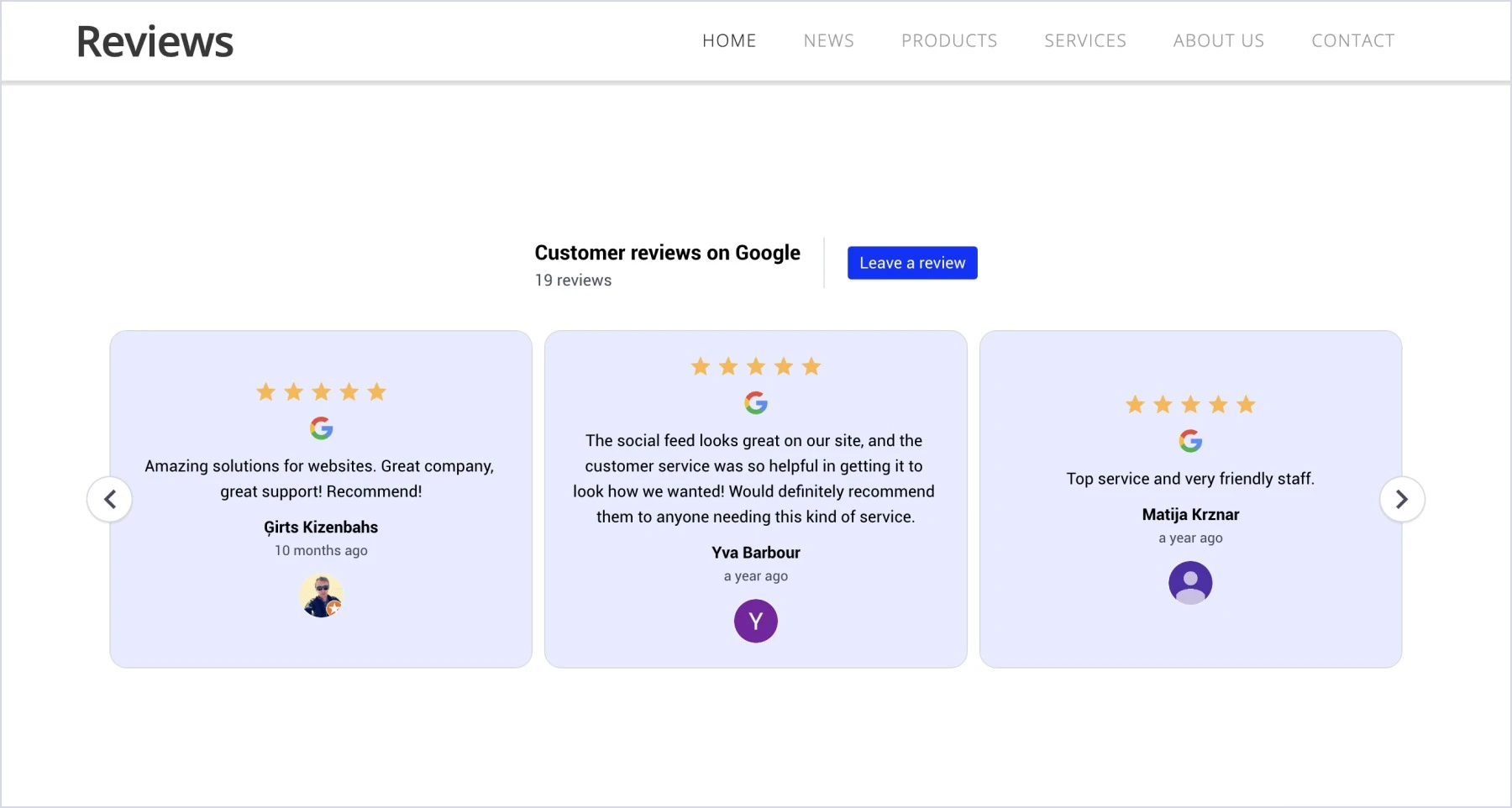 Example of Google reviews widget embedded in Mozello