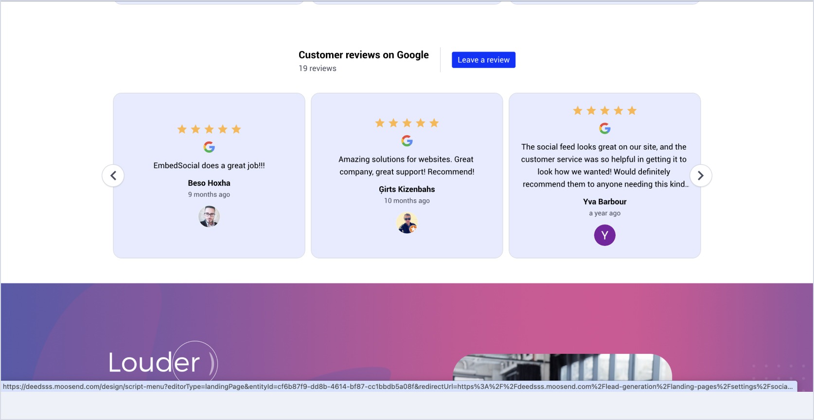 Moosendに埋め込まれたGoogleレビューウィジェットの例