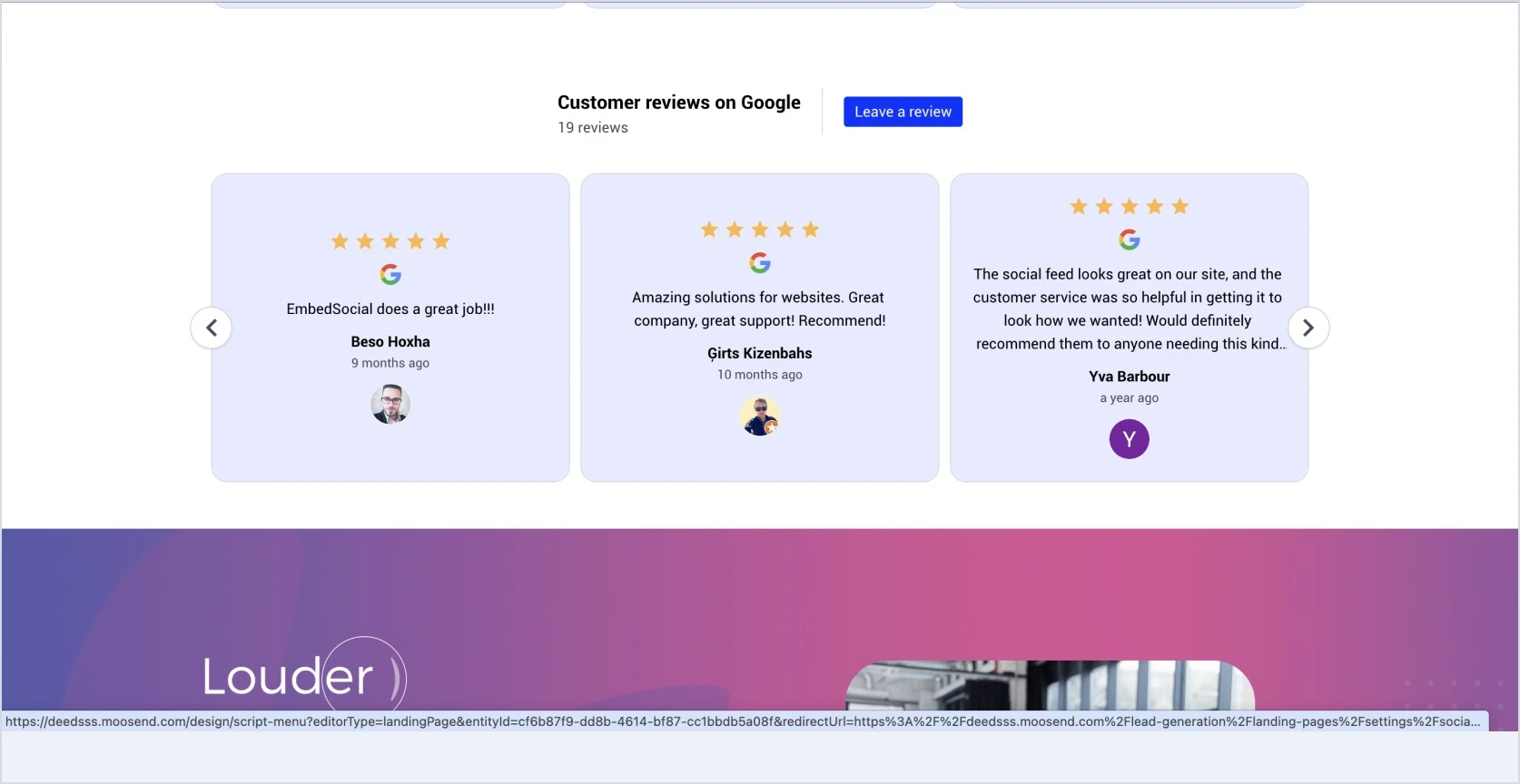 Example of Google reviews widget embedded in Moosend