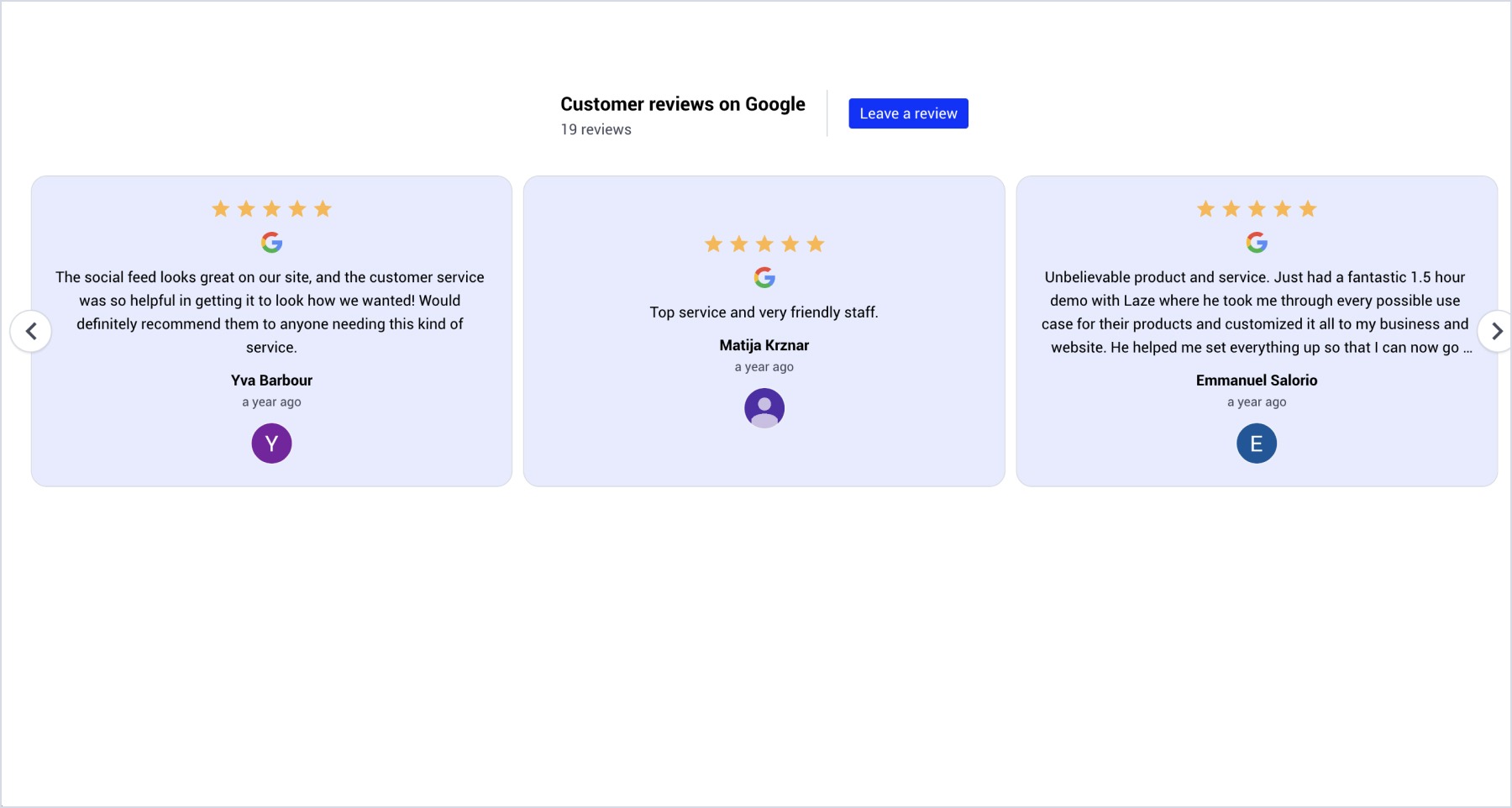 Volusionに埋め込まれたGoogleレビューウィジェットの例