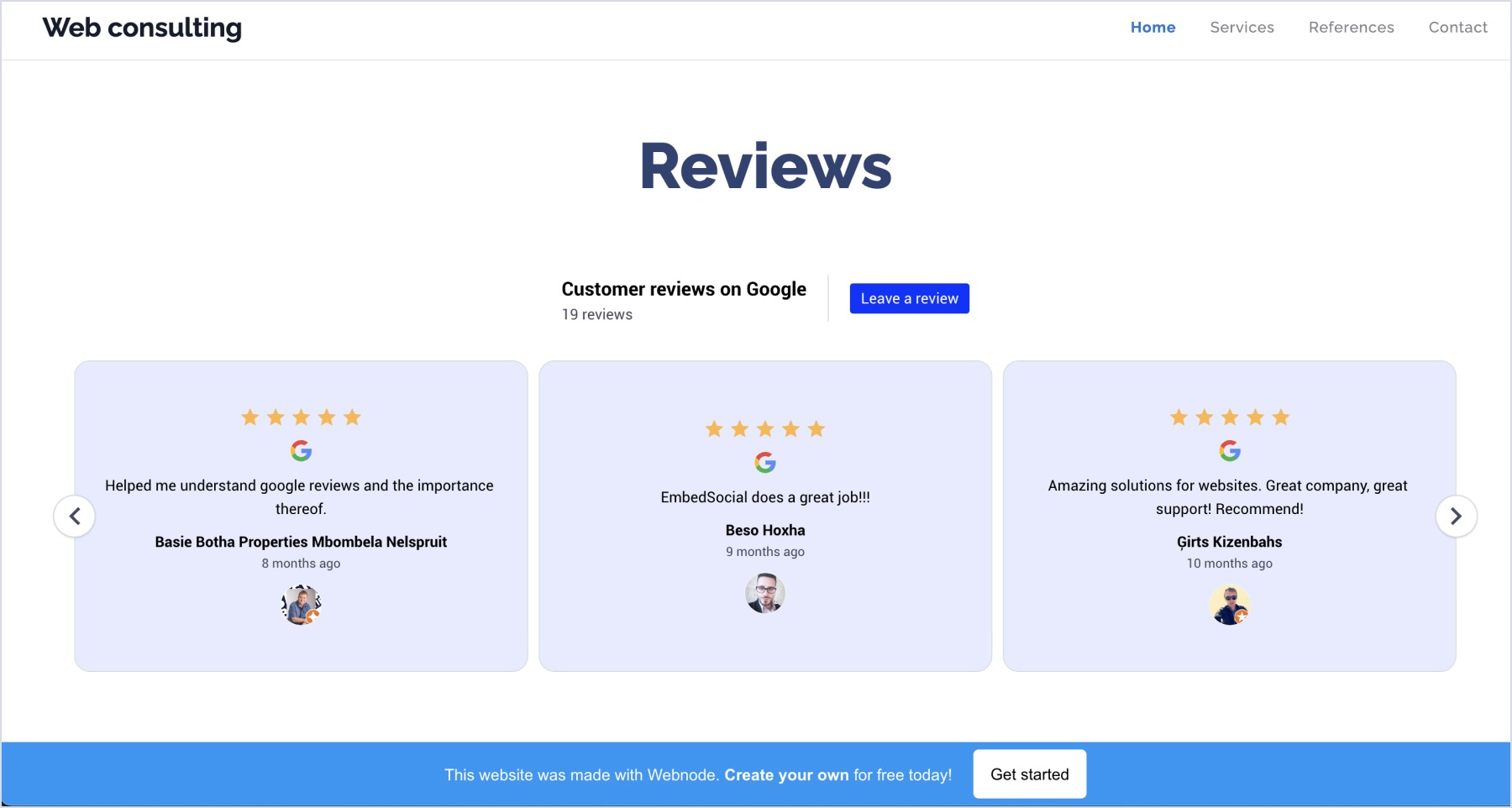 Webnodeのページに埋め込まれたGoogleレビューウィジェット